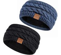 Hatromm Winter Headbands for Women Wool 2 Pack, Ear Warmers for Women Headband Knit Thick Fleece Lined(Black+Denim)