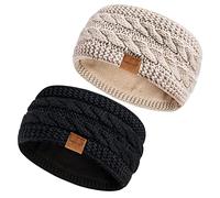 Hatromm Winter Headbands for Women Wool 2 Pack, Ear Warmers for Women Knitted Thick Fleece Lined, Headbands for Women's Hair Cold Weather Warm Ear Muffs(Black+Oatmeal)