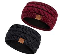 Hatromm Winter Headbands for Women Wool 2 Pack, Ear Warmers for Women Knitted Thick Fleece Lined, Headbands for Women's Hair Cold Weather Warm Ear Muffs(Black+Burgundy)