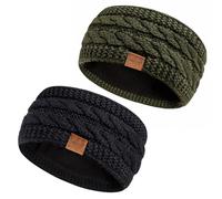 Hatromm Winter Headbands for Women Wool 2 Pack, Ear Warmers for Women Knitted Thick Fleece Lined, Headbands for Women's Hair Cold Weather Warm Ear Muffs(Black+Army)