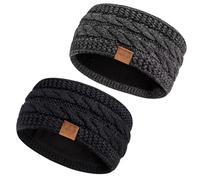 Hatromm Winter Headbands for Women Wool 2 Pack, Ear Warmers for Women Knitted Thick Fleece Lined, Headbands for Women's Hair Cold Weather Warm Ear Muffs(Black+Dark Gray)