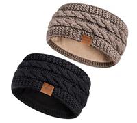 Hatromm Winter Headbands for Women Wool 2 Pack, Ear Warmers for Women Knitted Thick Fleece Lined, Headbands for Women's Hair Cold Weather Warm Ear Muffs(Black+Khaki)