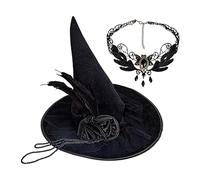 Hats for Women for Women - 43 x 43 cm Halloween Hat Cosplay Hats | Golden Velvet Pointed Hat with Precious Stones Necklace | Rose Party, for Teenagers, Girls, Masquerades,