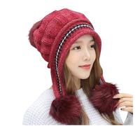 Hats for Women Thermal Fleece Beanie Cap Pom Pom Beanie Hat with Ear Flaps Warm Plush Thick Ladies Bobble Hats UK Knitted Ladies Winter Autumn Cap