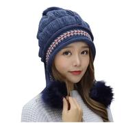 Hats for Women Thermal Fleece Beanie Cap Pom Pom Beanie Hat with Ear Flaps Warm Plush Thick Ladies Bobble Hats UK Knitted Ladies Winter Autumn Cap