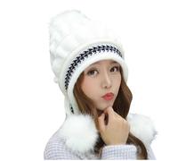 Hats for Women Thermal Fleece Beanie Cap Pom Pom Beanie Hat with Ear Flaps Warm Plush Thick Ladies Bobble Hats UK Knitted Ladies Winter Autumn Cap