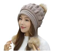 Hats for Women Thermal Fleece Beanie Cap Pom Pom Beanie Hat with Ear Flaps Warm Plush Thick Ladies Bobble Hats UK Knitted Ladies Winter Autumn Cap