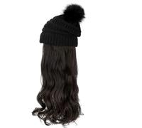 Hats with Hair, Hat Wig Detachable 23.6" Long Wavy Curly Hair Hats for Women Winter Warm Soft Knitted Hats with Hair Attached for Women, Hair Hats for Women, Black