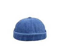 HATSQUARE Washed Cotton Docker Cap, Unisex Brimless, Rolled Cuffed Men Skull Beanie, Harbour Pigment Dyed Hat - Blue