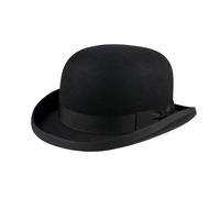 hatsXcaps Black Classic Bowler Hat for Men Women, Stiff Wool Felt Derby Hat, Rolled Brim & Satin Lining, Vintage British Hat Accent, Formal Hats (UK, Alpha, M, Standard, Mystery Black)