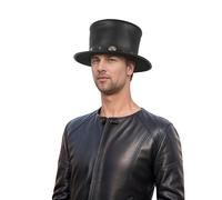 hatsXcaps Black Leather Top Hat for Men & Women - 100% Calf Leather Steampunk Vintage Western Hat with Decorative Band & Silver Studs - Mad Hatter, Magician