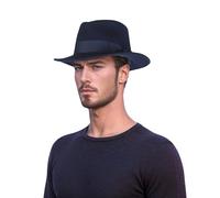 hatsXcaps Classic Fedora Hat for Men & Women - Wide Brim, Sweatband & with Black Bow Ribbon Band Trilby Fedora Hats - Western Style Gangster Hat (UK, Alpha, XL, Standard, Midnight Blue)