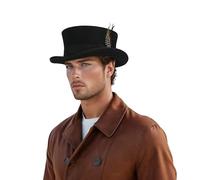 hatsXcaps Wool Felt Mini Top Hat for Men & Women, Classic Short Crown Victorian Topper Hat with Satin Lining & Removable Feather, Black Formal Ascot Wedding Christmas Costume Hat