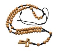 Hattba Adjustable Length Wood Rosary Beads Necklace With Hollowed Crosses Pendant Catholic Prayer Devotional Jewelry Neckpiece