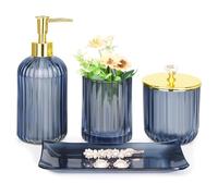 Haturi Bathroom Accessories Set, 4 Pcs Blue Glass Bathroom Accessories Sets Complete w/Lotion Soap Dispenser, Toothbrush Holder, Apothecary Jar, Vanity Tray, Bathroom Decor, Gift for Home Apartment