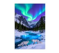 Hau3sh3a Aurora Borealis Canvas Wall Art Fox Playing in Snow Valley River Blue Prints poster for Living Room Bedroom Offices Home Decor Aurora Scenery Canvas Pictures Animals90x60cm(35x24in) poster