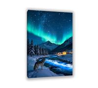 Hau3sh3a Aurora Scenery Canvas Art Blue Snowy Night River Wolf Gazing Painting Pictures Northern Lights Art Wall Décor For Living room Bedroom Posters and Prints animal60x40cm(24x16in) Inner Frame