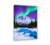 Hau3sh3a Aurora Scenery Canvas Art Fox River Snow Mountain Green Painting Pictures Northern Lights Art Wall Décor For Living room Bedroom Posters and Prints animal60x40cm(24x16in) Inner Frame
