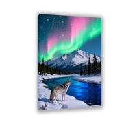 Hau3sh3a Aurora Scenery Canvas Art Green purple snow fox fishing river Painting Pictures Northern Lights Art Wall Décor For Living room Bedroom Posters and Prints animal60x40cm(24x16in) Inner Frame