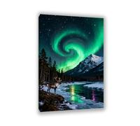 Hau3sh3a Aurora Scenery Canvas Art Green Starry Night Reindeer River Painting Pictures Northern Lights Art Wall Décor For Living room Bedroom Posters and Prints animal75x50cm(30x20in) Inner Frame