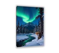 Hau3sh3a Aurora Scenery Canvas Art River Forest Snow Fox Green Painting Pictures Northern Lights Art Wall Décor For Living room Bedroom Posters and Prints animal90x60cm(35x24in) Inner Frame