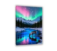 Hau3sh3a Aurora Scenery Canvas Art Starry Night Reindeer River Mountain Painting Pictures Northern Lights Art Wall Décor For Living room Bedroom Posters and Prints animal105x70cm(41x28in) Inner Frame