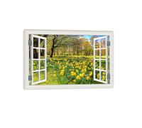 Hau3sh3a Canvas Print Wall Art Window View,Yellow daffodils in botanical garden,Nature Wilderness Photography Realism Rustic Scenic Colorful Relax/Calm Ultra for Living Room120x80cm(47x31in) Framed
