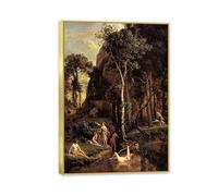 Hau3sh3a Jean Baptiste Camille Corot Wall Art Diana Surprised at Her Bath Vintage Nature Scenery Painting Reproduction Wall Decor for Living Room Bedroom Office Home Decor55x40cm(22x16in) Gold frame