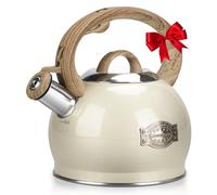 Hauce Radio Tea Kettle, 2.1 Quart Stove Top Whistling Tea Kettle, Teapot with Food Grade Stainless Steel and Wood Pattern Folding Handle, Suitable for All Heat Sources,(Milky White)
