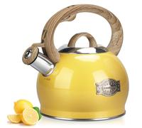 Hauce Radio Tea Kettle, 2.1 Quart Stove Top Whistling Tea Kettle, Teapot with Food Grade Stainless Steel and Wood Pattern Folding Handle, Suitable for All Heat Sources,(Yellow)
