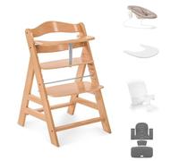 hauck Alpha+ Economy Bundle, Beech Natural - Wooden High Chair from Birth to 99 Years - Grow Along Highchair with Newborn Bouncer, Baby Seat Reducer, Seat Pad and Click On Tray