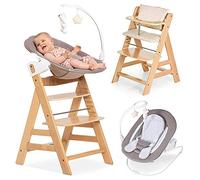 hauck Alpha+ Highchair Newborn Set Deluxe Bouncer - Adjustable Wooden Highchair from Birth incl. Newborn Attachment and Seat Cushion - Natural