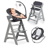 hauck Alpha+ Highchair Newborn Set Deluxe Bouncer - Adjustable Wooden Highchair from Birth incl. Newborn Attachment and Seat Cushion - Grey