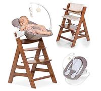 hauck Alpha+ Highchair Newborn Set Deluxe Bouncer - Adjustable Wooden Highchair from Birth incl. Newborn Attachment and Seat Cushion - Walnut