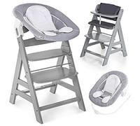 Hauck Alpha Newborn Set - Wooden High Chair for Babies - Highchair from Infant to Toddler with Baby Bouncer Insert Cushion and 5-Point Harness - Grey