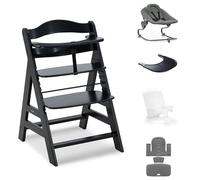 hauck Alph Premium Bundle Wooden High Chair Birth to 90 kg, Beech Black | Incl. 2-in-1 reclining premium bouncer, seat reducer + pad, click-on tray, 5-point harness, crotch strap, bumper bar