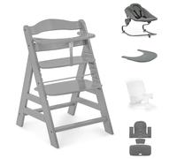 hauck Alph Premium Bundle Wooden High Chair Birth to 90 kg, Beech Grey | Incl. 2-in-1 reclining premium bouncer, seat reducer + pad, click-on tray, 5-point harness, crotch strap, bumper bar