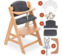 hauck Alph Wooden Highchair incl. Play Tray Base, Catching Toy Ring & Seat Cushion - Adjustable Growing Baby Highchair from 6 Months - Natural