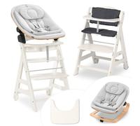 hauck Beta+ Highchair Newborn Set Eco Bouncer - Adjustable Wooden Highchair from Birth incl. Newborn Attachment, Seat Cushion and Eating Tray - White