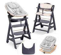 hauck Beta+ Highchair Newborn Set Eco Bouncer - Adjustable Wooden Highchair from Birth incl. Newborn Attachment, Seat Cushion and Eating Tray - Dark Grey