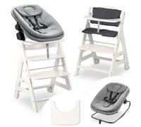 hauck Beta+ Newborn Set Highchair Bouncer - Adjustable Wooden Highchair from Birth incl. Newborn Attachment, Seat Cushion and Eating Tray - White