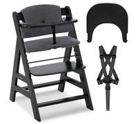 hauck High Chair Alpha+ Set with Seat Pad and Click Tray - Adjustable Wooden High Chair with Cushion and Tray - Black