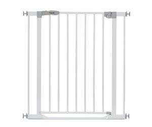 Hauck Safety Gate for Doors and Stairs Clear Step / Pressure Fit / 75 - 80 cm Large / Thin Step Over Bar / Extendable with Separate Extensions / Metal / White