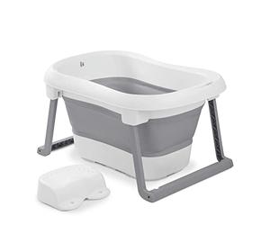 Hauck Wash N Fold L Baby Bath with Stool, Foldable for Newborns up to 18 kg, Drain Plug with Colour Changing at High Temperature, Soft Materials, Easy Assembly, 80 x 56 x 44 cm (White Stone)