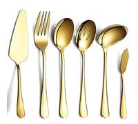 Haude 6-Piece Serving Flatware Silverware Set, Serving Utensil Set,Include Cake Server, Slotted Serving Spoon Gold
