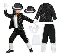 Hauetro Kids Performance Outfit Sequin Shiny Costume for Boys Girls Jacket Pants Gloves Sunglasses Hat Sets Stage Party Halloween Cosplay Dance Wear Show 80s Disco Outfits Star Costume