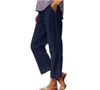 Haul Summer Pants for Women UK Office Work Cotton Linen Trousers Elastic Waisted Straight Leg Pants with Pocket Drawstring Elastic Waisted Cropped Joggers Sweatpants 03 Navy L