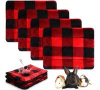 Haull 4 Pcs Waterproof Guinea Pig Bedding Winter Guinea Pig Bed Plush Cage Liners Soft Dog Cat Mat Reversible Winter Cozy Animal Pee Pad Hamster Bed Mat for Bunny (Red Black Plaid,13 x 10 Inch)