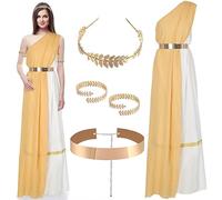 Haull 5 Pcs Golden Toga Costume for Womens Mythology Adult Athena Costume Greek Outfits with Greek Crown Waistband for Halloween Dress Up Party Supply,Mainly Gold