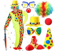 Haull 8 Pcs Halloween Clown Costume Includes Costume Nose Shoes Hat Wig Gloves Bow Tie for Adults Carnival Cosplay Birthday